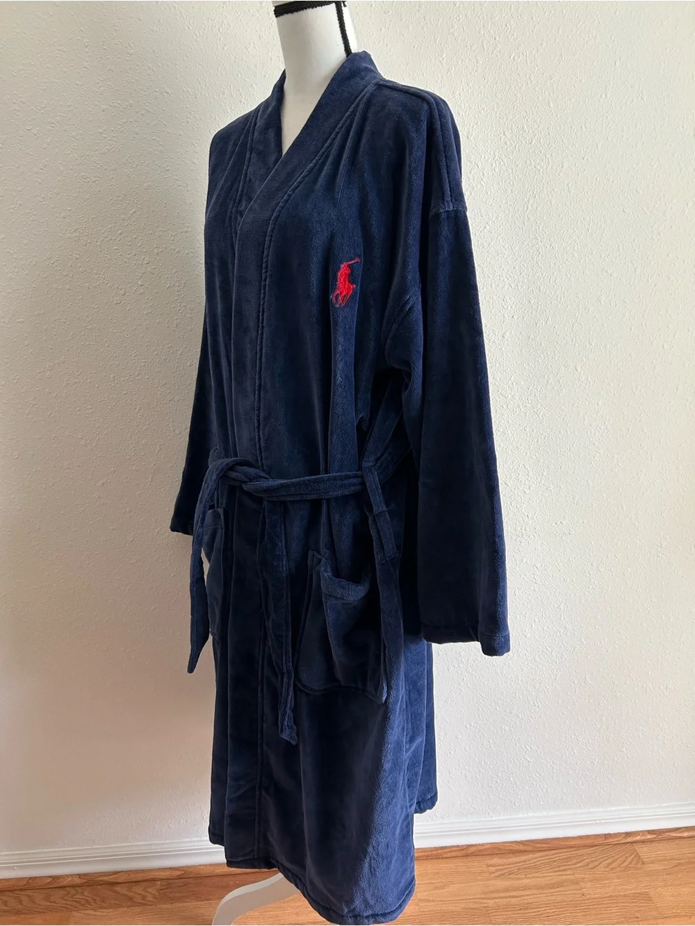Polo Ralph Lauren Men's Robe Navy Blue Plush Shawl Collar Size S / M Logo